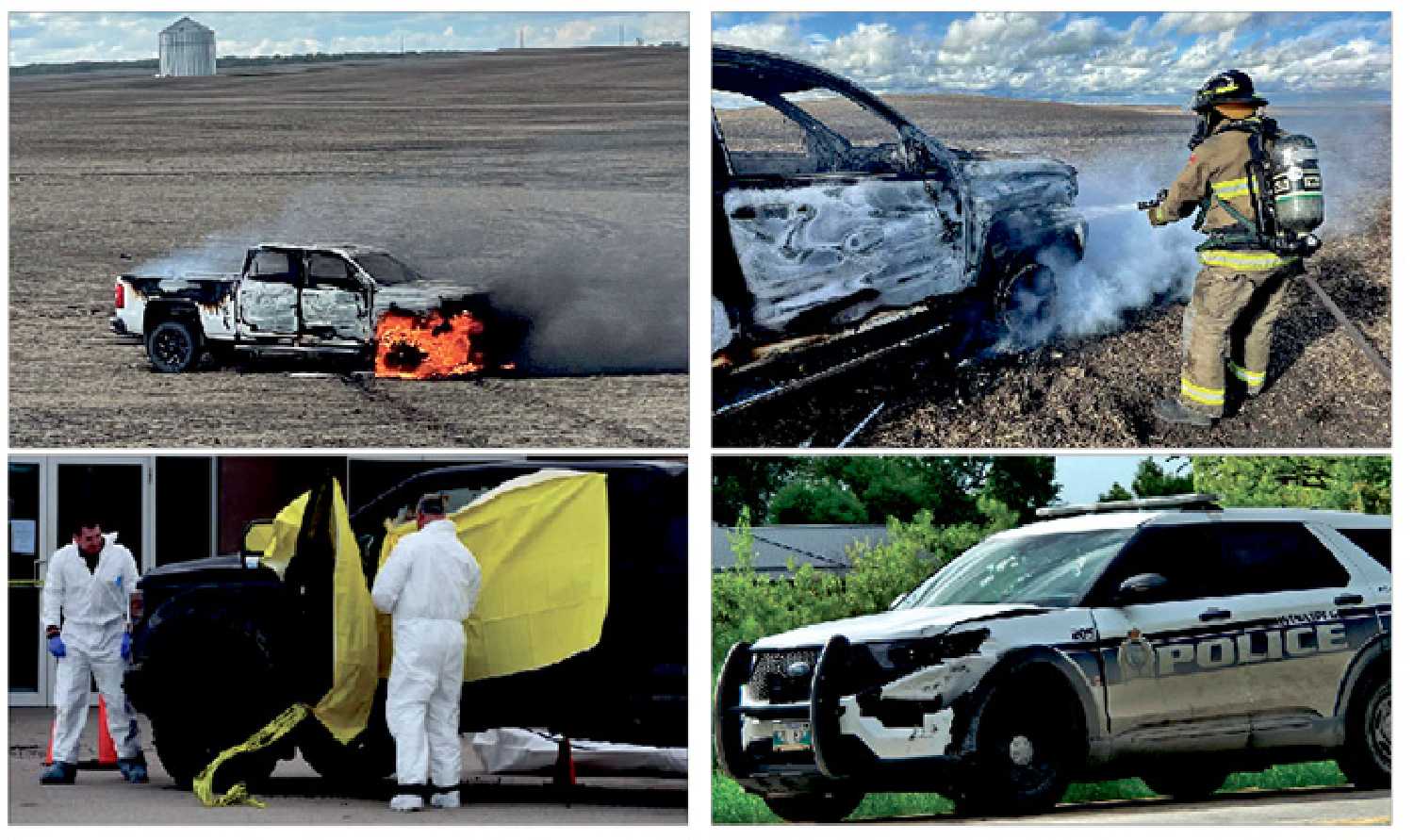 Car thieves left a trail of destruction across southeast Saskatchewan and southern Manitoba Tuesday and Wednesday. Top left an abandoned truck set on fire near Whitewood, top right Whitewood Fire Department fighting the blaze, lower left the vehicle in which one suspect was shot dead, below right, a shot up Winnipeg Police Service vehicle involved in the chase.